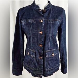Eileen Fisher Banded Collar Denim Jacket Brass Buttons Pockets at Chest & Hips